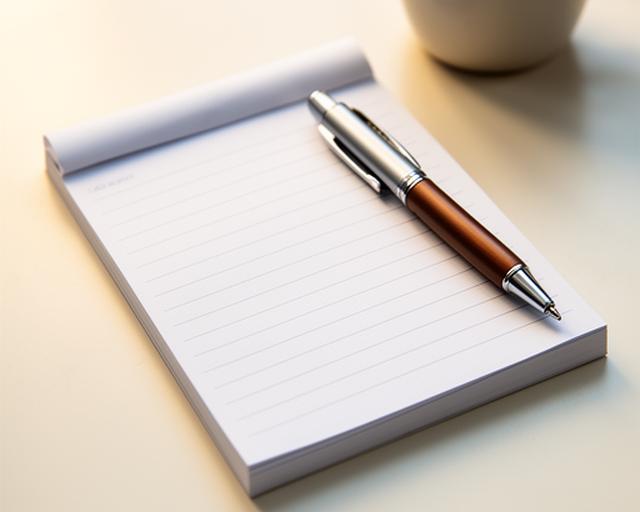Kompakter Notizblock mit fein linierten Seiten neben einer Tasse und einem Stift in einem hellen Büro