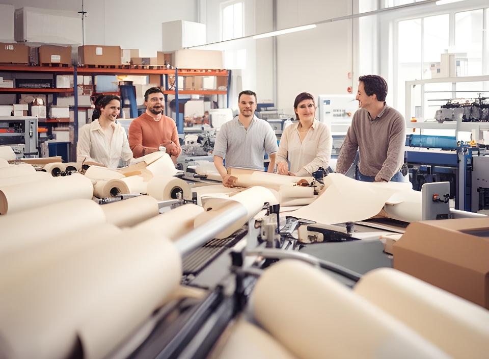 Teammitglieder in einer hellen Zürcher Produktionshalle mit Papierrollen und Sortieranlagen